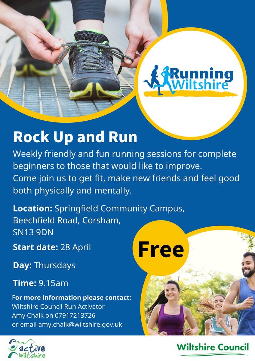 Sport4Wiltshire's tweet photo. Don't forget our fun, friendly and supportive running groups are starting tomorrow in #Malmesbury and Thursday in #Corsham
Have you got your trainers ready?🏃‍♀️🏃‍♂️
No need to book a place, just #RockUpAndRun
#WeAreWilts
@wiltscouncil @AlexaDaviesCEM @RosGriffithsCEM
@WiltsSport https://t.co/to86dWkeqM