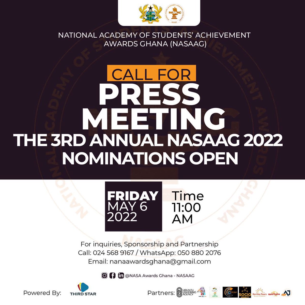 Ohenebaminta's tweet photo. #OnGod #NASAAG SET TO OPEN NOMINATION FOR 2022 EDITION
Date: Friday, 6th May 2022
Time: 11:00 a.m.
#NASAAG22
#Acknowledging #Celebrating and #Empowering #Students2022
Powered by THIRD STAR Events HUB https://t.co/Hn1OrrTkVh