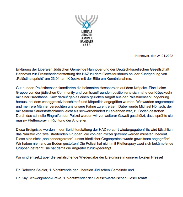 Report_Antisem's tweet photo. Dazu: "Wir sind entsetzt über die verfälschende Wiedergabe der Ereignisse in unserer lokalen Presse!" - Erklärung der Liberalen Jüdischen Gemeinde #Hannover und Deutsch-Israelischen Gesellschaft Hannover zur Presseberichterstattung zu Kundgebung am 23.04..
#Medien #Niedersachsen https://t.co/Wf8RuI4iEP