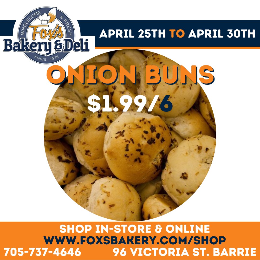 FoxsBakeryDeli's tweet photo. For the last week of April, we have our Onion Buns available at $1.99 for 6!

These are made from our delicious Kaiser dough, which is topped with a tasteful combo of Onions and Poppy Seeds.

Add some extra flavour to your sandwiches and try these today!
 https://t.co/HyBSj3DTwI https://t.co/HaadDRMbrI
