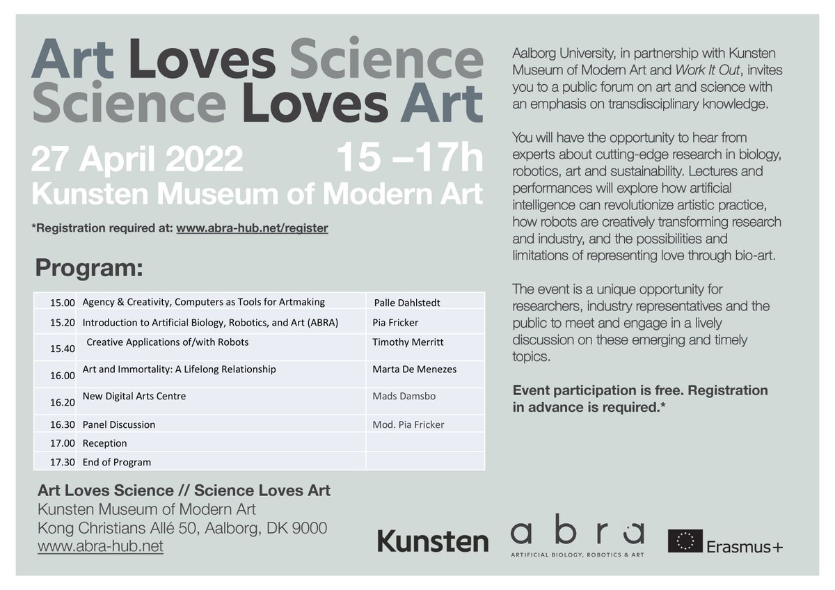 abra_education's tweet photo. Aalborg University, in partnership with Kunsten Museum of Modern Art and Work It Out, invites you to a public forum on art and science with an emphasis on transdisciplinary knowledge. https://t.co/k4CBuIVGK5