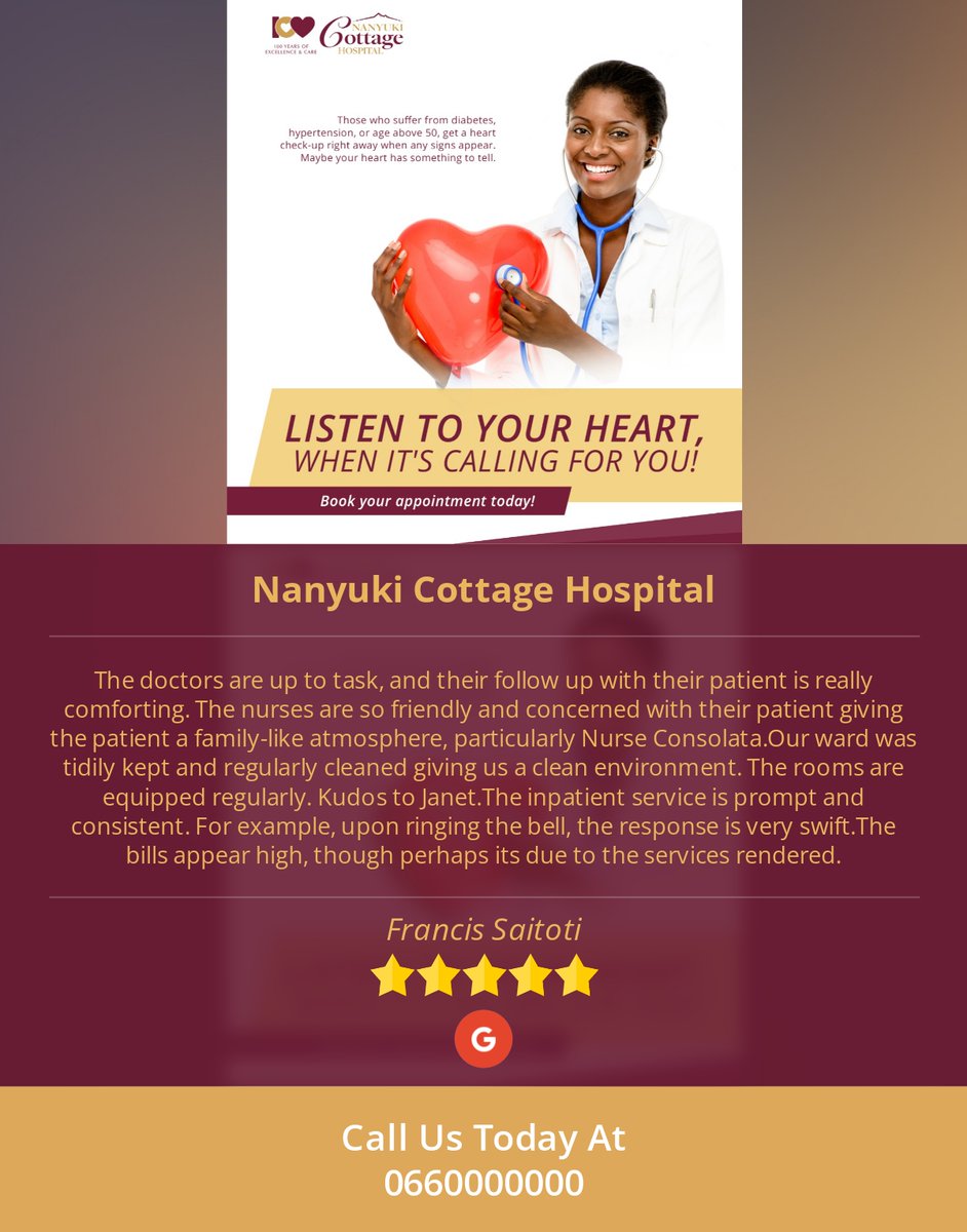 NanyukiCottage's tweet photo. 4 Star: Francis S. "The doctors are up to task, and their follow up with their patient is really comforting...." https://t.co/j4xflWoDyc https://t.co/V4wKayVgUN