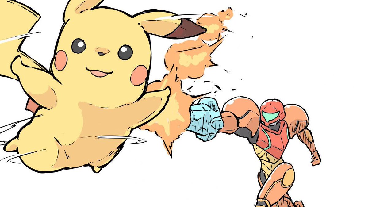 pikachu ,samus aran pokemon (creature) power suit (metroid) arm cannon 1girl white background simple background crossover  illustration images