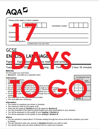 PATCarletonHigh's tweet photo. Year Eleven! There are 17 days to go until your first English Language Exam. Make sure you're making the most of your Google Classroom resources.
#gcseEnglish
#Keeprevising
#notlongleft https://t.co/QvCEMBz7iV