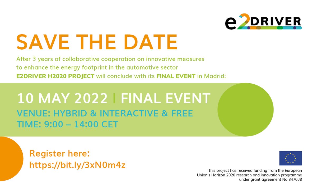 E2DRIVER H2020 PROJECT (@e2driverproject) on Twitter photo SAVE THE DATE: @E2DRIVER FINAL #H2020 PROJECT EVENT - hybrid, online and free
10 May 2020, 9 to 14.00 CEST
Speakers from <a href="/fCIRCE/">CIRCE - Centro Tecnológico</a> <a href="/MeritCHouse/">MeritConsultingHouse</a> <a href="/cinea_eu/">CINEA 🇪🇺</a> <a href="/PoliTOnews/">Politecnico di Torino</a> <a href="/FraunhoferISI/">Fraunhofer ISI</a> @sinergie <a href="/sernauto/">SERNAUTO</a>
Register👉bit.ly/3xN0m4z
#automotiveindustry #energyefficiency SAVE THE DATE: @E2DRIVER FINAL #H2020 PROJECT EVENT - hybrid, online and free
10 May 2020, 9 to 14.00 CEST
Speakers from <a href="/fCIRCE/">CIRCE - Centro Tecnológico</a> <a href="/MeritCHouse/">MeritConsultingHouse</a> <a href="/cinea_eu/">CINEA 🇪🇺</a> <a href="/PoliTOnews/">Politecnico di Torino</a> <a href="/FraunhoferISI/">Fraunhofer ISI</a> @sinergie <a href="/sernauto/">SERNAUTO</a>
Register👉bit.ly/3xN0m4z
#automotiveindustry #energyefficiency