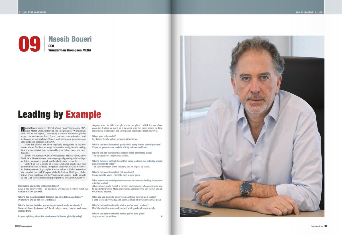 Super stoked to see Nassib Boueri, CEO, @wunthompsonmena being featured amongst the top leaders in the MENAT region’s media, advertising, &amp; ad tech ecosystem by <a href="/CommunicateME/">CommunicateOnline</a>, published in association with Ad Age! 

flipsnack.com/mediaquest/com…

#WundermanThompson #WPP