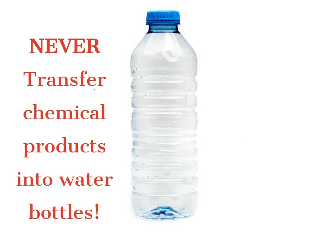 IrelandNpic's tweet photo. Never transfer chemicals from their original containers to water bottles/beverage bottles. The original bottle contains important information on ingredients, composition, pH, what the product is used for & safety advice. If someone is poisoned, this information is vital. https://t.co/5ATdPKdMVk