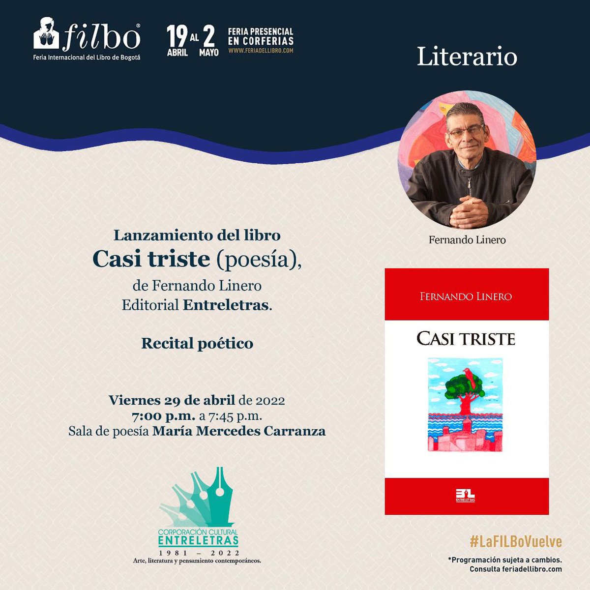 InsCulturaMeta's tweet photo. Te presentamos la programación del departamento en la @FILBogota este fin de semana, agéndate y disfruta de la literatura llanera.
#FILBo2022 #ElMetaenFilbo @CCEntreletras https://t.co/y21J5GrBOB