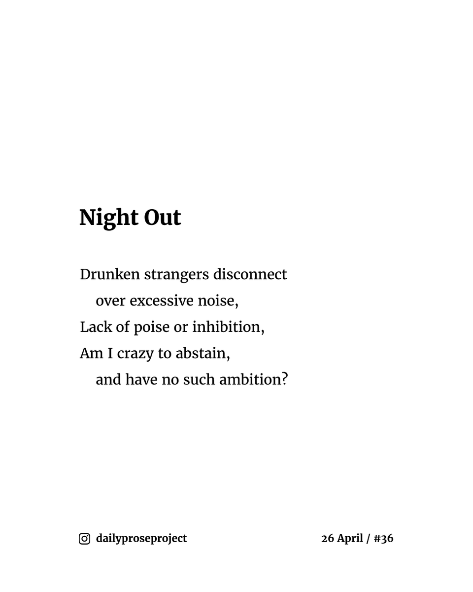 daily_prose's tweet photo. A new poem every day.

📔 26 April / #36 - "Night Out"⁠

#escapril #escapril2022 #poemoftheday #dailypoetry #dailyprose #poemaday #dailyproseproject https://t.co/9Jy7nO0FBP