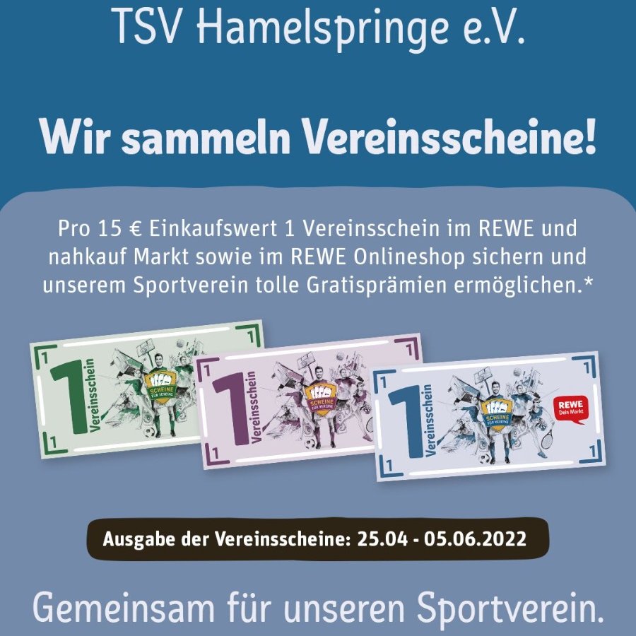 ♦️Allgemein

Das große sammeln geht wieder los!
Gerne direkt online einlösen, uns online zusenden oder beim Vereinsheim einwerfen. Wir hoffen zusammen auf coole Prämien 🥳

#scheinefürvereine
<a href="/REWE_Supermarkt/">REWE</a> 
#tsvh
#hamelspringe
#gutestun
#sportverein
#sammeln