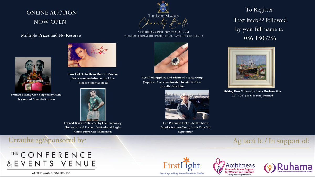 Countdown to 2022 Lord Mayor's Charity Ball &amp; have launched an online Auction where you can bid for some amazing donated prizes. All funds raised go to three charities - @aoibhneas_org @FirstLight_Ire &amp; <a href="/RuhamaAgency/">Ruhama</a> 
To view &amp; bid click ⬇️
app.galabid.com/lmcb22 
<a href="/NorahCasey/">Norah Casey</a>