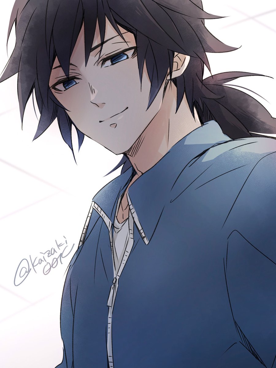 tomioka giyuu 1boy male focus solo black hair blue eyes long hair jacket  illustration images