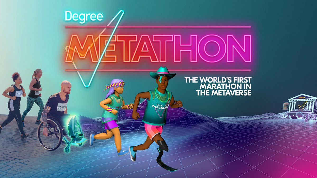 AMV_BBDO's tweet photo. Excited to launch @Degree Metathon, the world's 1st marathon in the Metaverse, to help shape a more inclusive culture of movement in the new virtual world. Today @ 6pm ET/11pm BST, in the Vegas City Sports Quarter, in @decentraland. See you in the course https://t.co/45HIiTizmP https://t.co/QRDFSH0mec