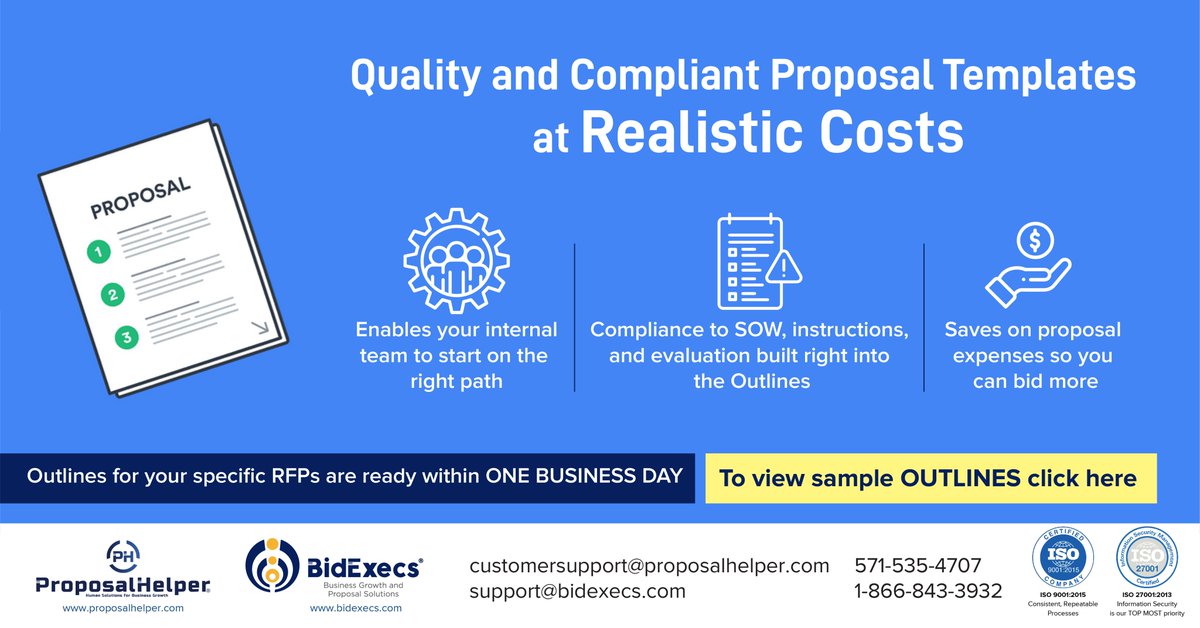 ProposalHelper_'s tweet image. Quality and compliant proposal templates at realistic costs, we do outlines for your specific RFPs within ONE BUSINESS DAY. Contact ProposalHelper now!
To view sample Outlines Click here – bit.ly/3ODdMWU 
#proposalwriting #proposalhelper #govcon #outline #RFP