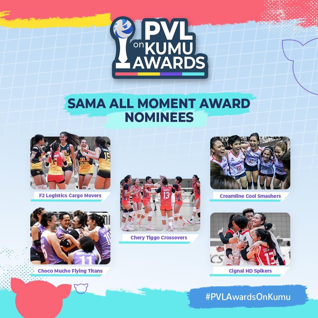 kumuPH's tweet photo. Manalo, matalo - matibay tayo! ‘Sama All Moment’ Award nominees! 

@F2CargoMovers l @CMFlyingTitans l @CoolSmashers l @cignalHDspiker l Cherry Tiggo Crossovers 

#PVLAwardsOnKumu #PVL2022 

https://t.co/6iUtgEbcO5 https://t.co/OvOl6ze162