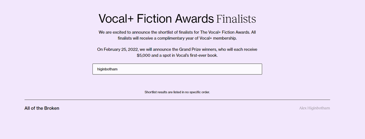 ACHWriter's tweet photo. A small accomplishment, but in the midst of my current break from writing, it means everything to me.

My story "All of the Broken" was a shortlisted finalist for the @Vocal_Creators Fiction Awards. You can check it out at the link below. 

https://t.co/ZtYRfbkwVL https://t.co/svmVxPzGcZ