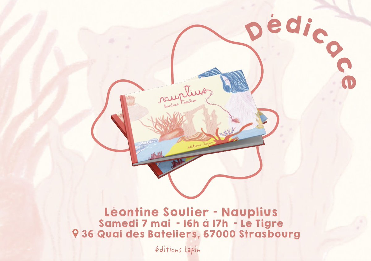 #dédicace
Léontine Soulier sera également en dédicace, samedi 7 mai de 16h à 17h, à la librairie Le Tigre !
Retrouvez donc en avant-première Nauplius et rencontrer son auteur 😊
📍 36 Quai des Bateliers, 67000 Strasbourg