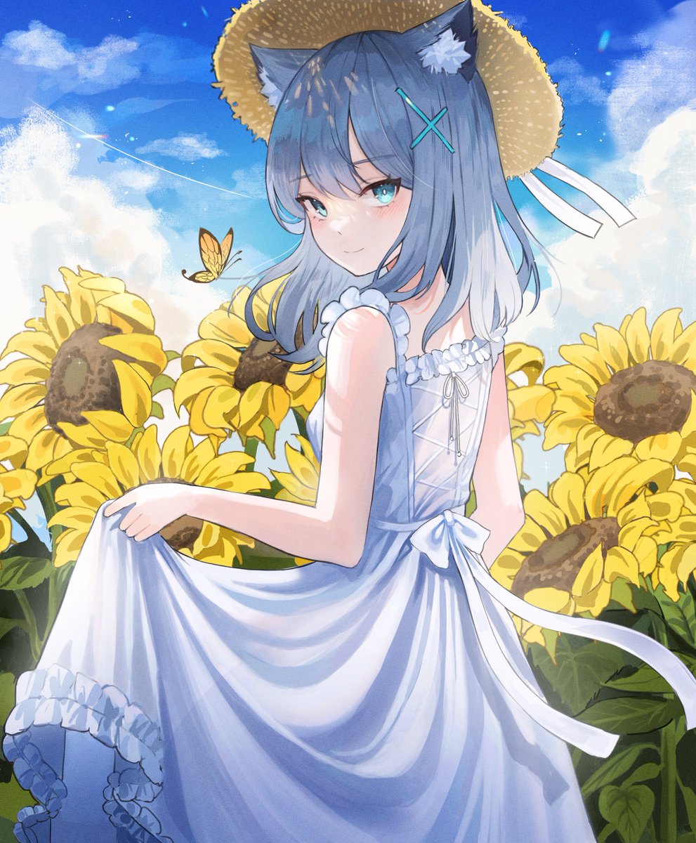 shiroko (blue archive) 1girl animal ears flower dress hat solo bug  illustration images