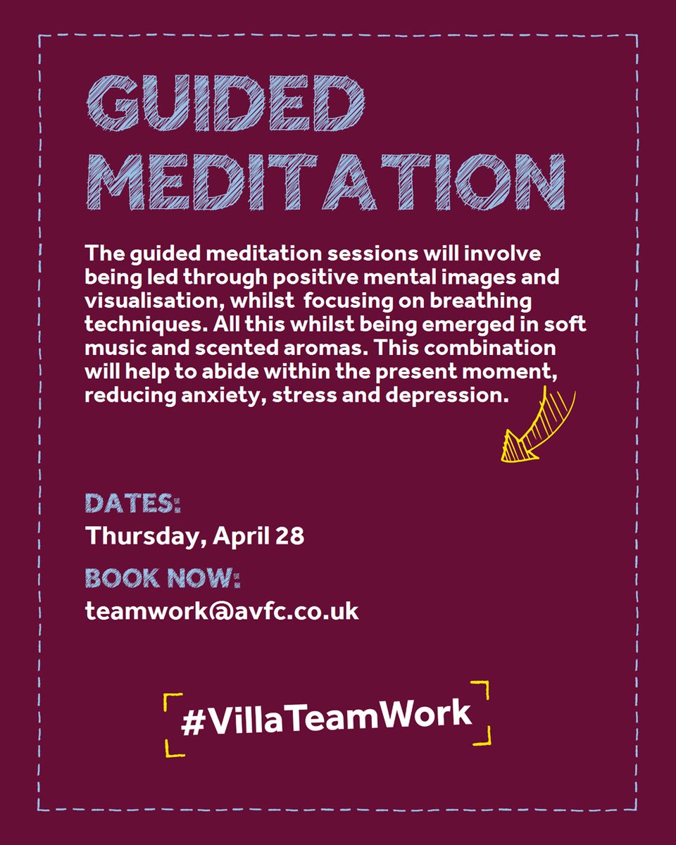AVFCFoundation's tweet photo. 𝗧𝗲𝗮𝗺𝗪𝗼𝗿𝗸 𝗠𝗲𝗱𝗶𝘁𝗮𝘁𝗶𝗼𝗻. 🧘 

Guided Meditation sessions are a great way of reducing anxiety, stress and depression. @wittonlodge will be hosting a FREE session open for adults aged 18+. 

📅 Thursday, April 28.
🕧 12.30pm
▶️ https://t.co/t5Ryemm3GN https://t.co/teio6Chv74
