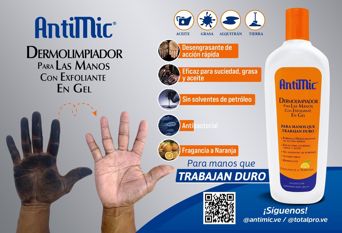 ANTIMIC_VE's tweet photo. Nuevo e innovador producto Desengrasante: DERMOLIMPIADOR PARA LAS MANOS CON EXFOLIANTE EN GEL de la marca ANTIMIC https://t.co/n4nST4NSNK