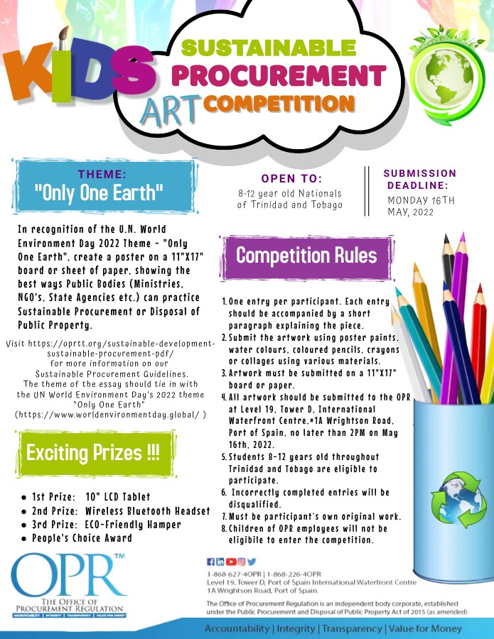 maftt_'s tweet photo. #OPRTT | #Procurement | #SustainableProcurement | #ArtCompetition | The Office of Procurement Kids Sustainable Art Competition

For more info on the OPR’s Sustainable Procurement Guidelines, please visit https://t.co/fntERBQ1GS

Or contact The Office of Procurement at 226-4677 https://t.co/gQ3D1ov3Nc