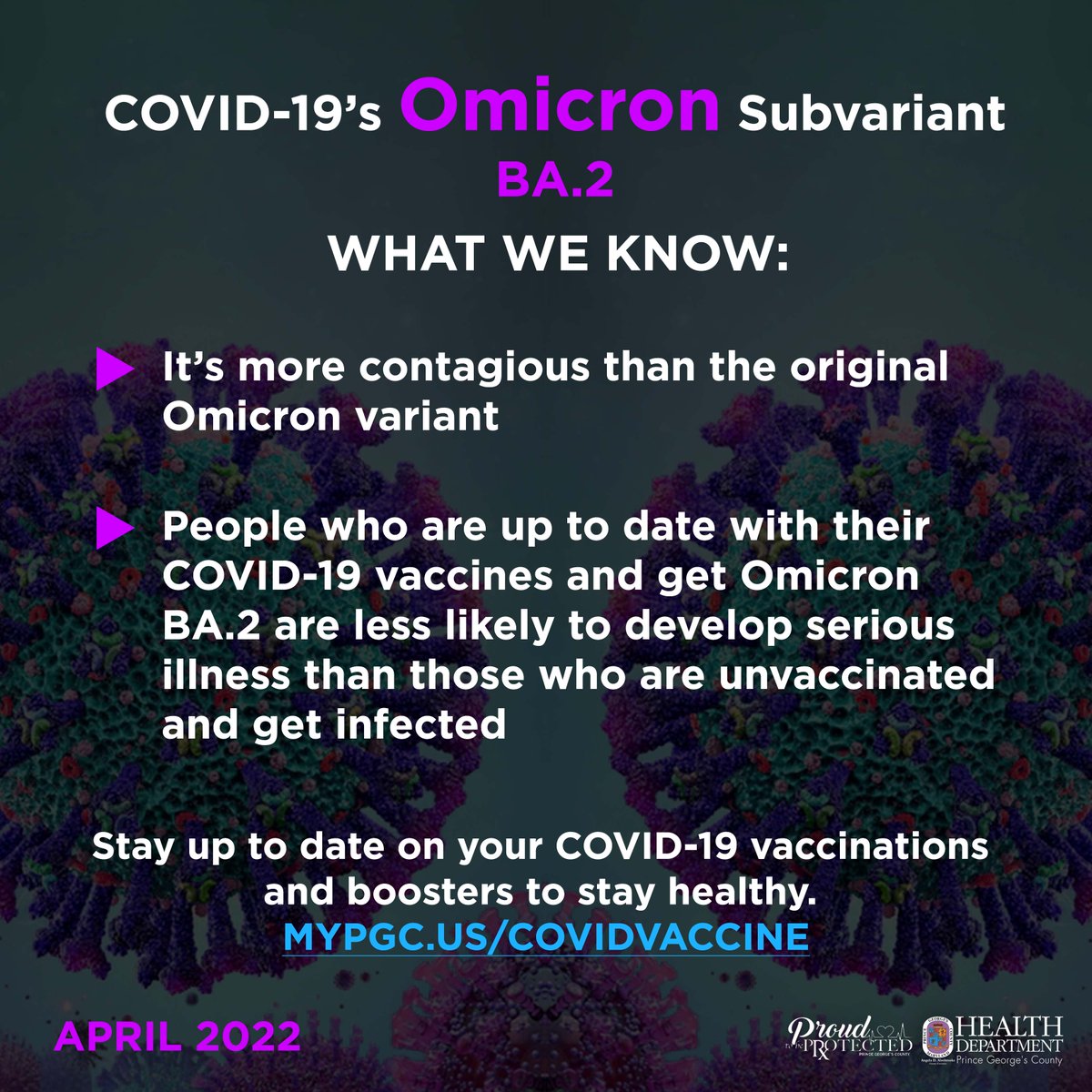 TomDernogaD1's tweet photo. #Omnicron is the dominant strain in #PrinceGeorgesCounty. Protect yourself & others by getting #vaxxed. Visit https://t.co/D3hfnRBs0O to schedule yours. #PGCCOVID19 #ProudtobeProtected #ImmunizationWeek https://t.co/stJbF2zA9q