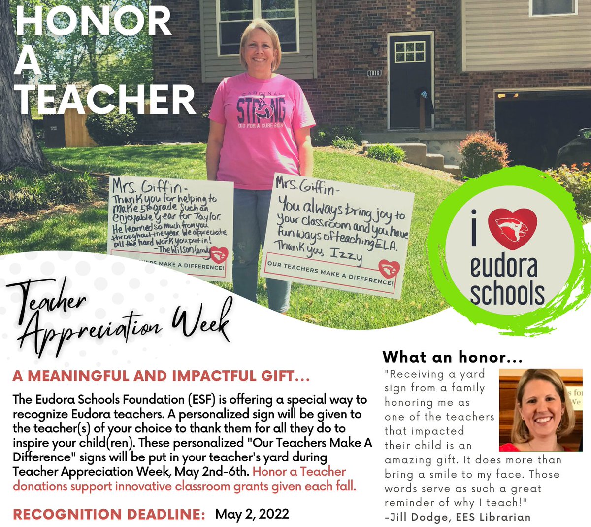 Teacher Appreciation Week is next week! We would love to put a message in your Eudora teacher or staff member's yard. Delivering these signs was one of the most meaningful experiences last year - can't wait to make deliveries this year! Sign-up here eudoraschoolsfoundation.org/get-involved/h…