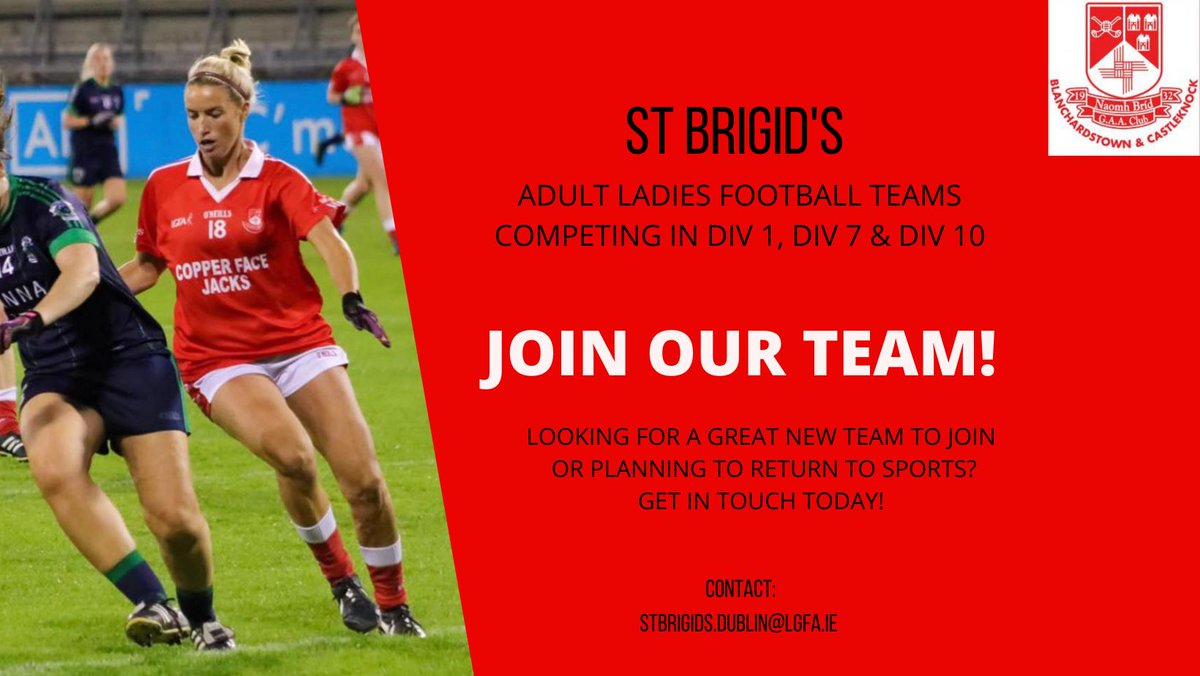 St. Brigid's GAA (@stbrigidsgaa) on Twitter photo 🔴Want to play Ladies football in Dublin 15 ?🔴
If you are new to the area and interested in getting involved please get in touch. We have a number of Ladies football teams ready to welcome you.
#castleknock #blanchardstown #Dublin15 #clubisfamily <a href="/FingalSports/">Fingal Sports Office</a> <a href="/dublinladiesg/">DublinLGFA</a> 🔴Want to play Ladies football in Dublin 15 ?🔴
If you are new to the area and interested in getting involved please get in touch. We have a number of Ladies football teams ready to welcome you.
#castleknock #blanchardstown #Dublin15 #clubisfamily <a href="/FingalSports/">Fingal Sports Office</a> <a href="/dublinladiesg/">DublinLGFA</a>