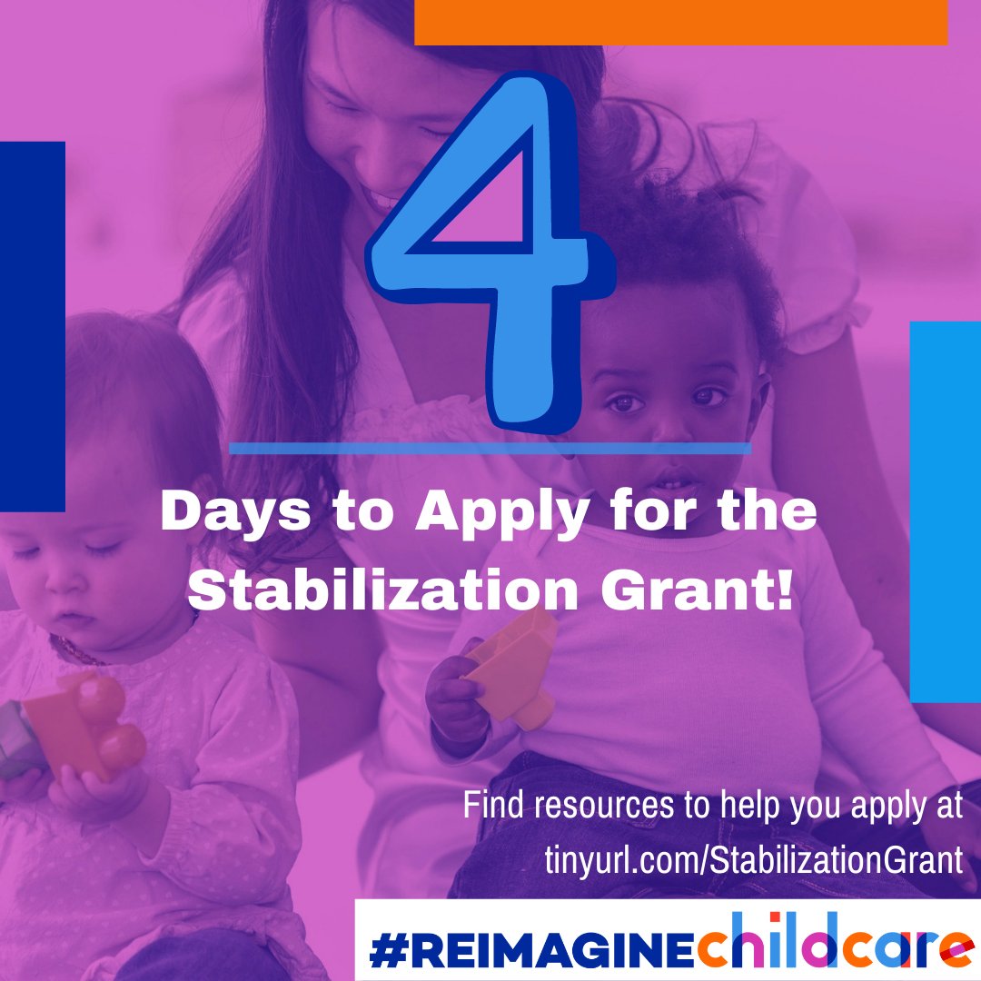 ACNJforKids's tweet photo. #Childcare providers - only four more days to apply for the Stabilization Grant funding! Log into your NJCCIS account and start the application process. Still need help? Visit our website at https://t.co/bsLgjZuOu8 #ReimagineChildCare https://t.co/7kO8Ezibxi