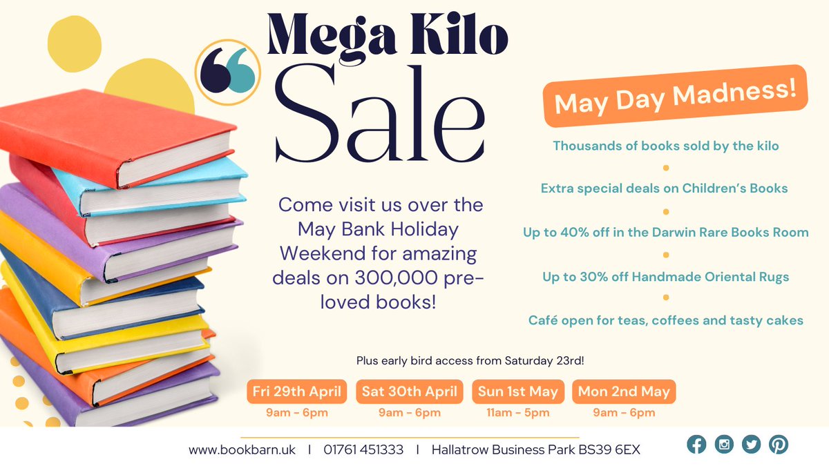 It's May Day Madness! Come and visit us for our biggest ever Kilo Sale! 📚

Taking place over the entire May Bank Holiday weekend, we have 300,000 books available at just £2 a kilo ✨

Plus deals and discounts throughout our store! 💙