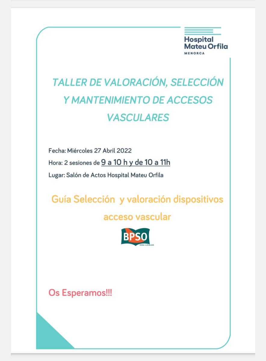 BPSOmenorcaIB's tweet photo. Mañana tenemos sesión formativa #accesosvasculares ✍️🔝 https://t.co/ViLHwXYYRW