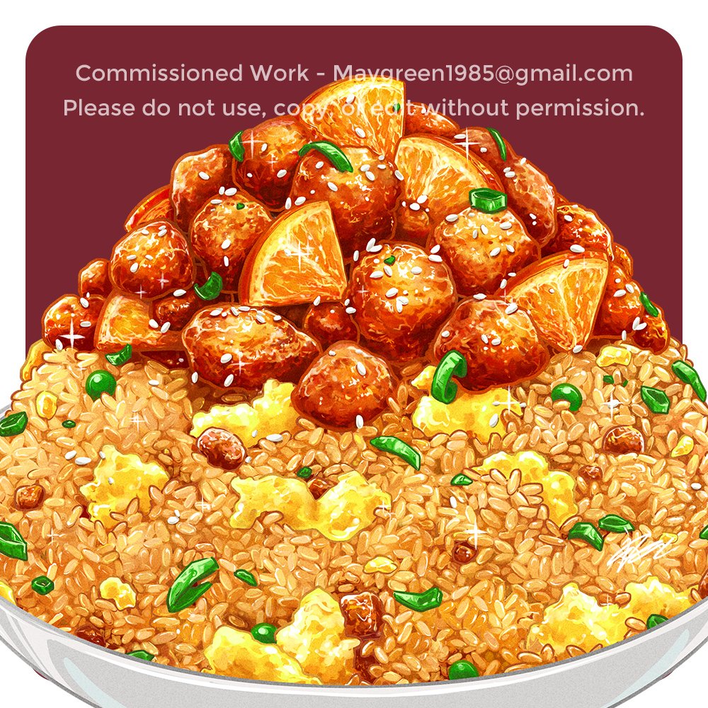Big portion of fried rice topped with delightful orange chicken. Itadakimasu!

#friedrice #orangechicken #nasigoreng #foodillustration #commissionedwork
Please do not use, copy, edit, and repost. Thank you very much. ~