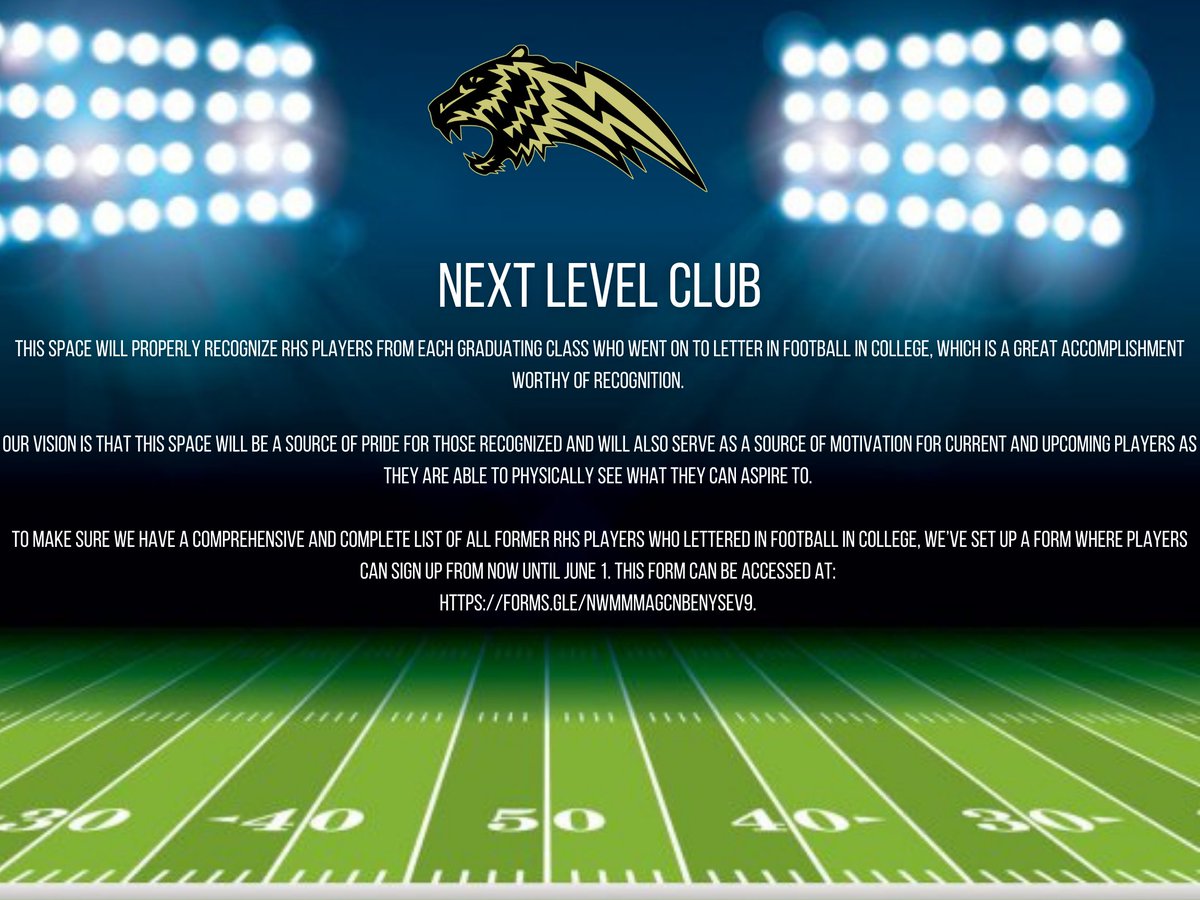 coachritter18's tweet photo. To make sure we have a comprehensive and complete list of all former RHS players who lettered in football in college, we’ve set up a form where players can sign up from now until JUNE 1. This form can be accessed at: 

https://t.co/LMsnpAJ519. https://t.co/dO74Nijzif