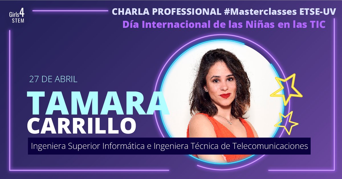 ⚡️No os perdáis esta tarde la Charla Professional especial #Masterclasses <a href="/ETSEUV/">ETSEUV</a> en la que contaremos con la #ExpertaSTEM <a href="/tamaracarrillo_/">Tamara Carrillo</a>, especializada en Operaciones y Producto.

¡Todavía estáis a tiempo de inscribiros!👉go.uv.es/girls4stem/ali…