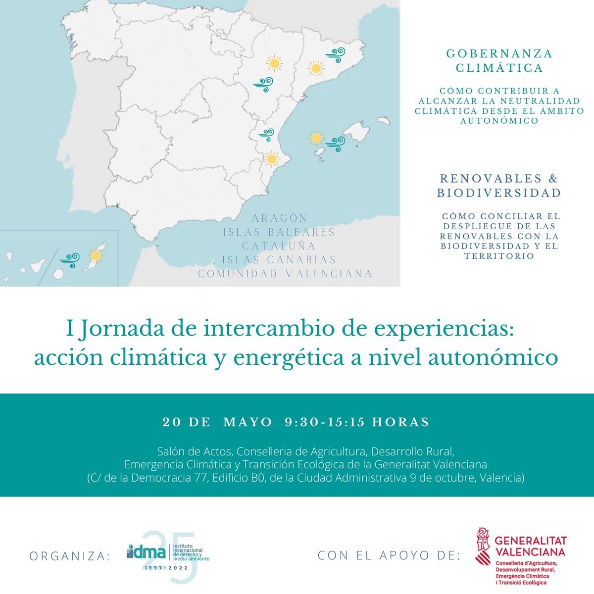 IIDMA_ecolaw's tweet photo. 🌿Estamos organizando una jornada para debatir sobre cómo contribuir a la lucha contra el cambio climático desde las autonomías. ¿Te apuntas?

📅 20/05
⏰ 9:30 -15.15 horas 
📍 VALENCIA (Conselleria de Agricultura, Desarrollo Rural, Emergencia Climática y Transición Ecológica) https://t.co/PMmcoV90wK