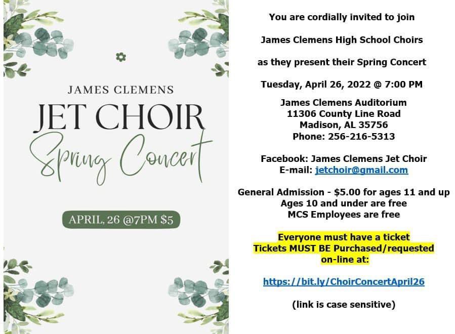Tonight is the JCHS Choir Spring Concert!!

April 26, 2022 at 7:00 pm in the school auditorium!  Tickets still available! 

bit.ly/ChoirConcertAp… 

Aged 10 &amp; under free, MCS employees free. Reserve online. Everyone must have a ticket. Tickets will not be sold at door.