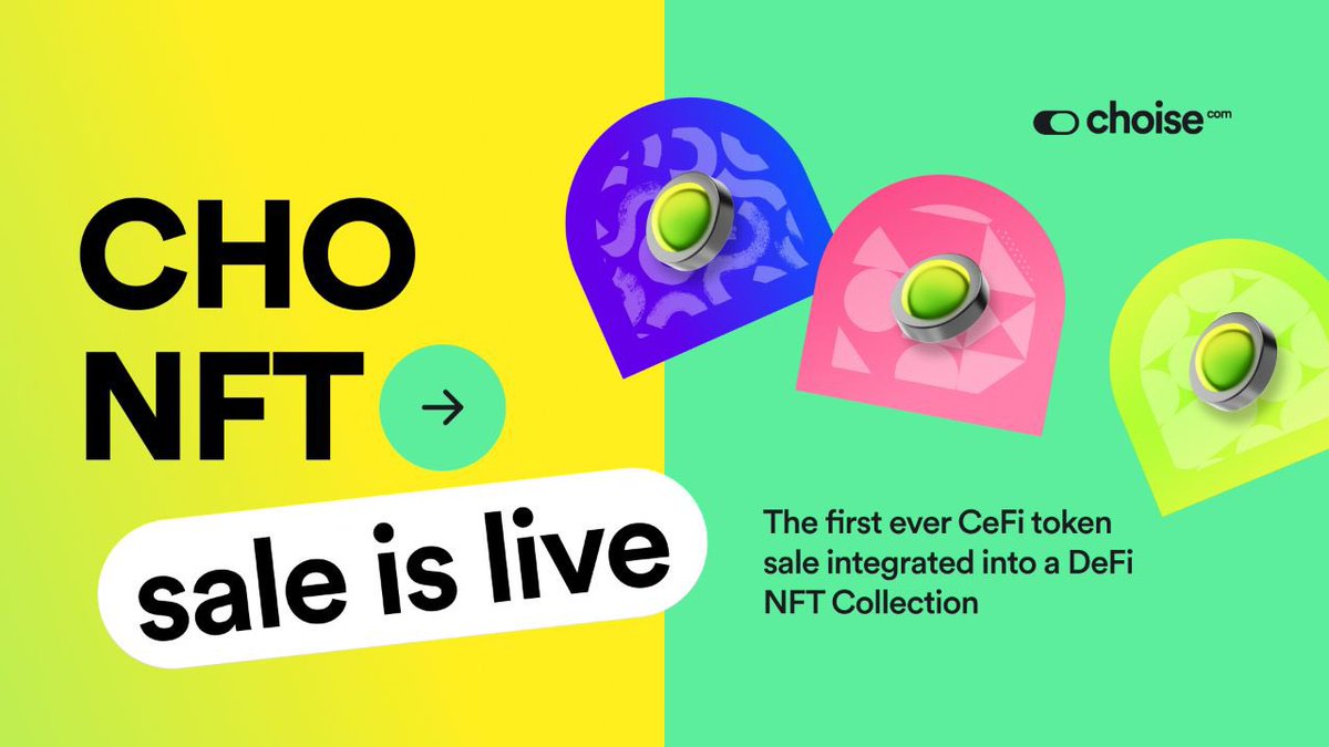 First MetaFi sale in history by @ChoiseCom! From CeFi $CHO to DeFi NFT collection!
Mint CHO NFT and
✅reserve $CHO allocation at a 50% IDO discount
✅win up to 2k extra tokens
✅get 100% initial unlocks
Sale is live on 👉tinyurl.com/43ep28bv
Follow 👉@ChoiseCom
#CHOMETAFI #CHO