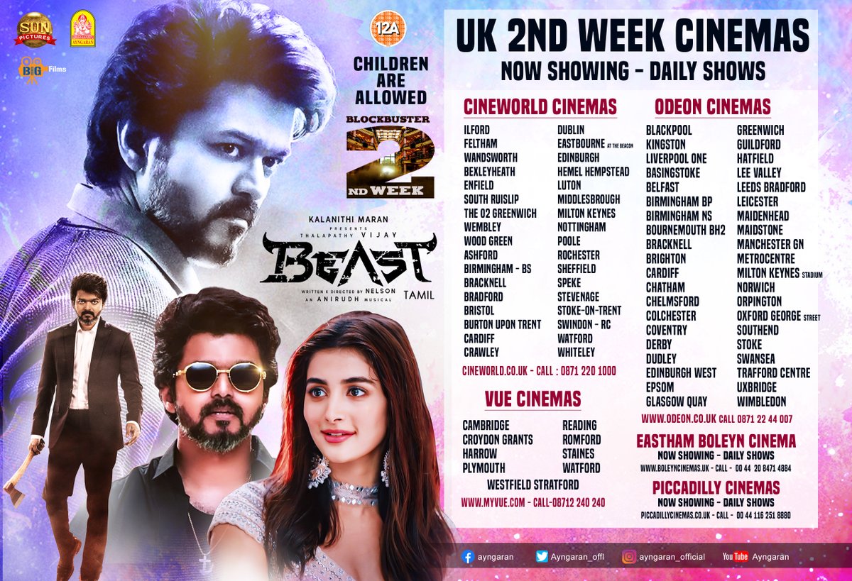Ayngaran_offl's tweet photo. #BeastRunningSuccessfully 2nd week still going strong in all your cinemas. Get your tickets. Children are allowed.  #BeastBlockbusterHit 🔥

@actorvijay @sunpictures @Nelsondilpkumar @anirudhofficial @hegdepooja @selvaraghavan
@manojdft @Nirmalcuts @karan_ayngaran https://t.co/BJ99x7sTJa