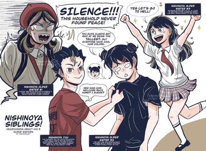 nishinoya siblings headcanons!!

it is confirmed in haikyuu 2020 guidebook that nishinoya yuu have 3 older sisters! #haikyuu 