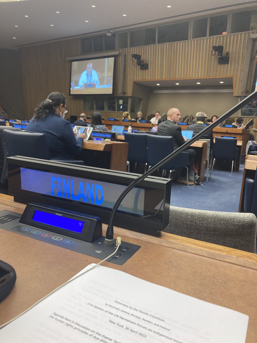 Today UN Permanent Forum on Indigenous Issues (#PFII) will discuss indigenous peoples, business, autonomy and human rights principles of due diligence.

State Secretary @sumuvuori will speak on behalf of the Nordic Countries 🇮🇸 🇸🇪 🇳🇴 🇩🇰 🇫🇮 🇬🇱 

#WeAreIndigenous #IndigenousPeoples