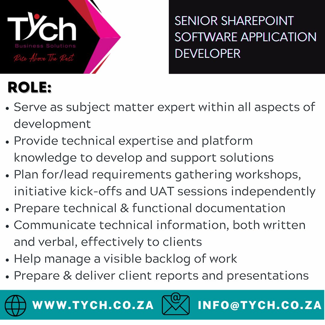 TychTeam's tweet image. CLOSING DATE 2 MAY 2022
APPLY by emailing your CV with subject heading "SENIOR SHAREPOINT SOFTWARE APPLICATION DEVELOPER JHB"
tych.co.za/available-jobs/
#tychteam #JobSeekersSA #sharepointdeveloper #Microsoftmigration #PowerPlatform #processautomation