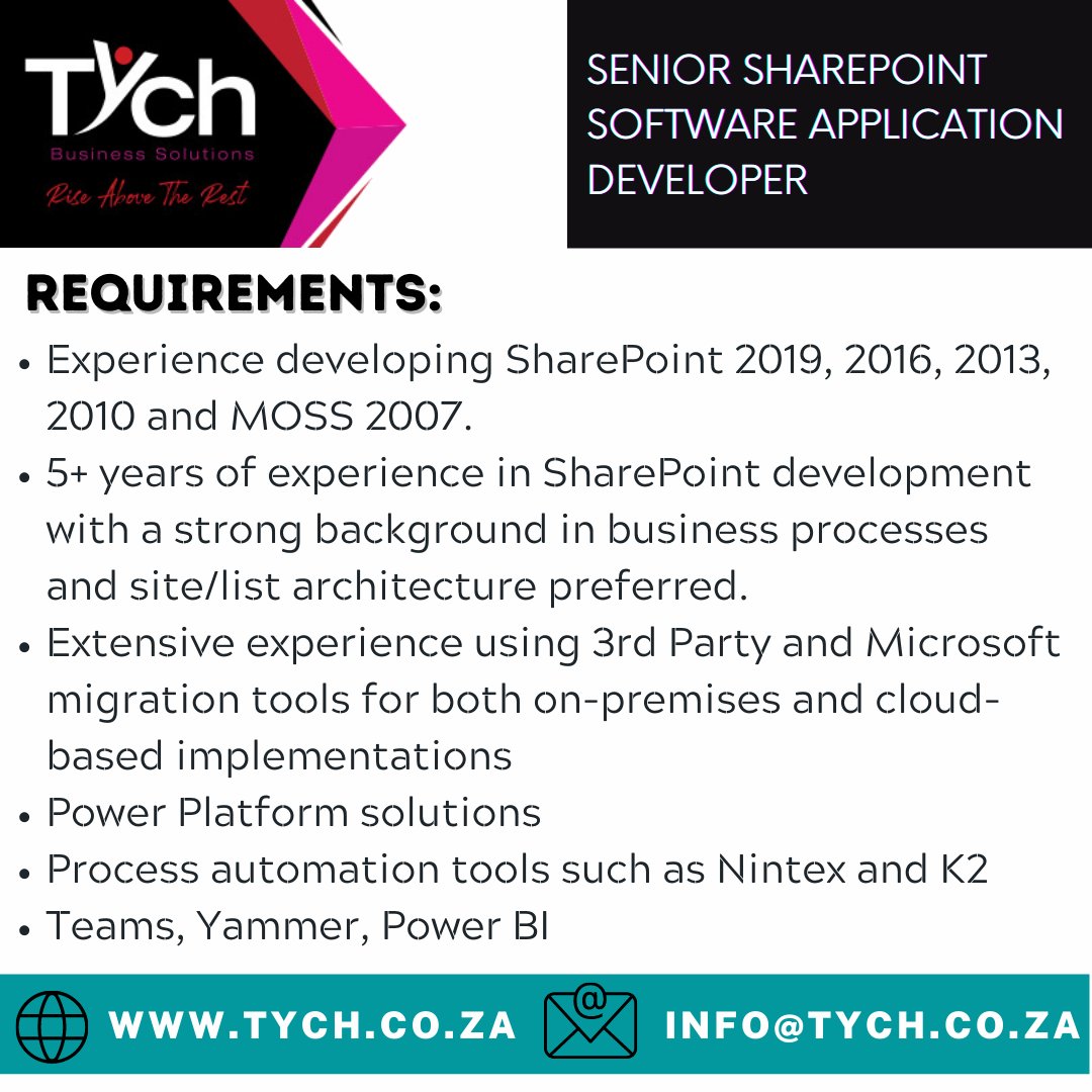 TychTeam's tweet image. CLOSING DATE 2 MAY 2022
APPLY by emailing your CV with subject heading "SENIOR SHAREPOINT SOFTWARE APPLICATION DEVELOPER JHB"
tych.co.za/available-jobs/
#tychteam #JobSeekersSA #sharepointdeveloper #Microsoftmigration #PowerPlatform #processautomation