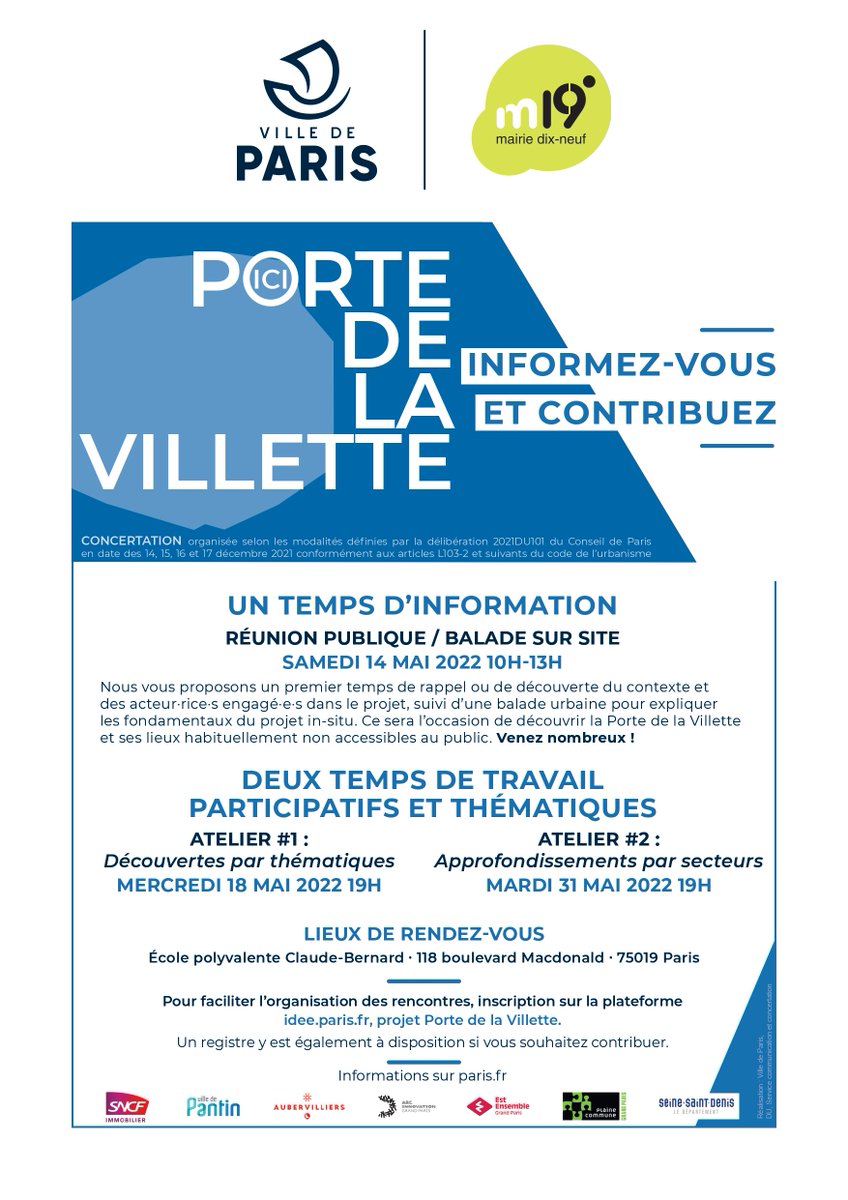 💬Rdv samedi 14 mai à 10h à l'école polyvalente Claude-Bernard (118 Bld MacDonald), pour une réunion publique sur le futur aménagement de la Porte de la Villette. Au programme : un temps d'information &amp; une balade pour découvrir les lieux habituellement non accessibles au public.