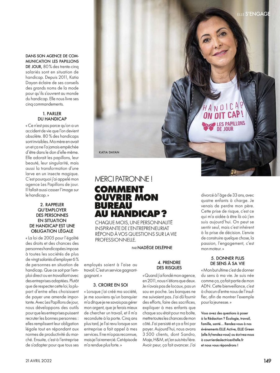 PapillonsdeJour's tweet photo. 🗞Retrouvez notre présidente @KatiaDayanPaps fondatrice du groupe, entrepreneuse inspirante dans le magazine @ELLEfrance du 21 avril 2022❗️
🦋Croire en soi, prendre des risques, ça vous parle ? alors n’hésitez plus, c’est par ici❗️
📌@DelepineNadege @JeanFellous #FlorenceBesson https://t.co/x9Gs5nH7VL