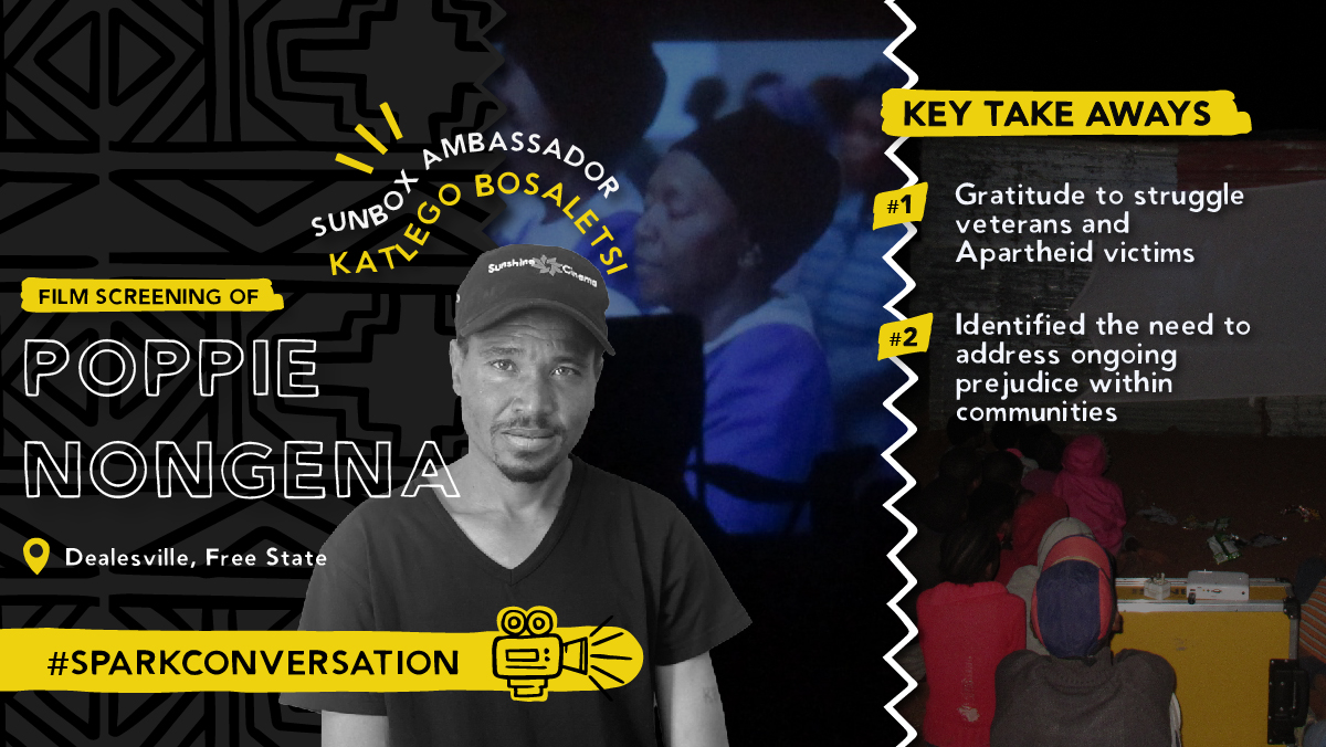 Katlego Bosaletsi recently carried out a solar-powered screening of <a href="/poppiefilm/">Poppie Nongena</a> in Dealesville, Free State.

The film tells the true life story of Houseworker and resilient Afrikaans-speaking isiXhosa mother, Poppie Nongena.

<a href="/DGMurrayTrust/">DGMT</a>