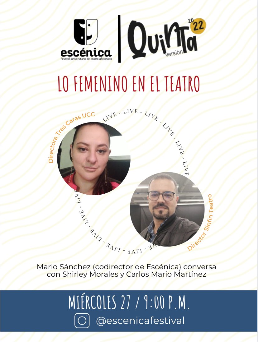 EscenicaTeatro's tweet photo. Conversemos sobre Escénica en su quinta versión 🎭 Invitados especiales hablan a cerca de la temática para este año.  

#VivaEscénica2022 https://t.co/Cmg4gCnIzZ