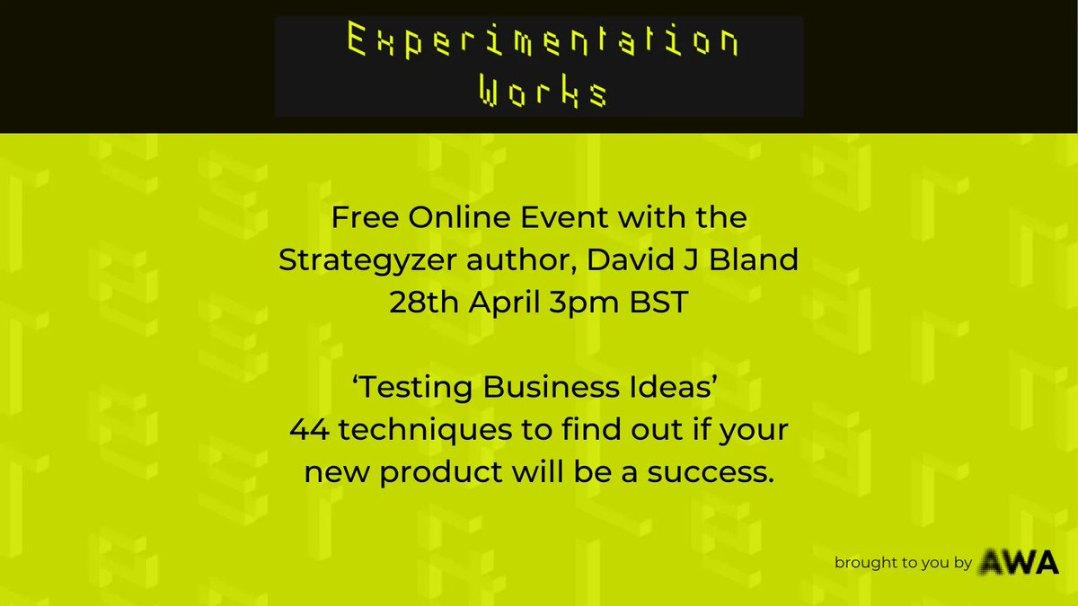 Have you signed up for our next Experimentation Works event?
Is your business idea desired by your target market? Can you build &amp; deliver it? Can you make money from it? @davidjbland explains the 44 tests you can run. 
Sign up buff.ly/38nVata
#ExperimenExperimentation