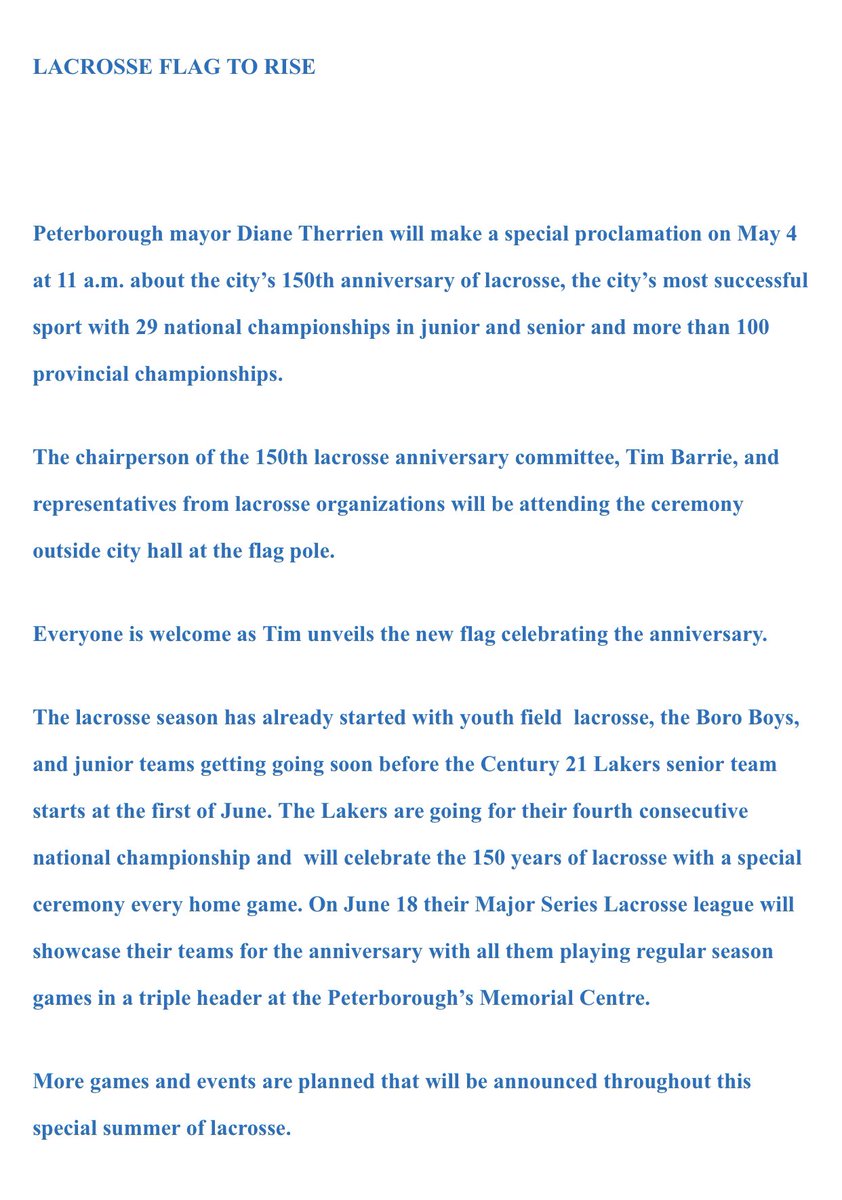 PtboJrLakers's tweet photo. SAVE THE DATE!!

May 4th, 11:00am

@MayorPtbo will read a proclamation before @tbarrie42 unveils a new flag that will hang outside city hall, celebrating 150 years of lacrosse in Peterborough 🥍 https://t.co/jTNFDW8Xie