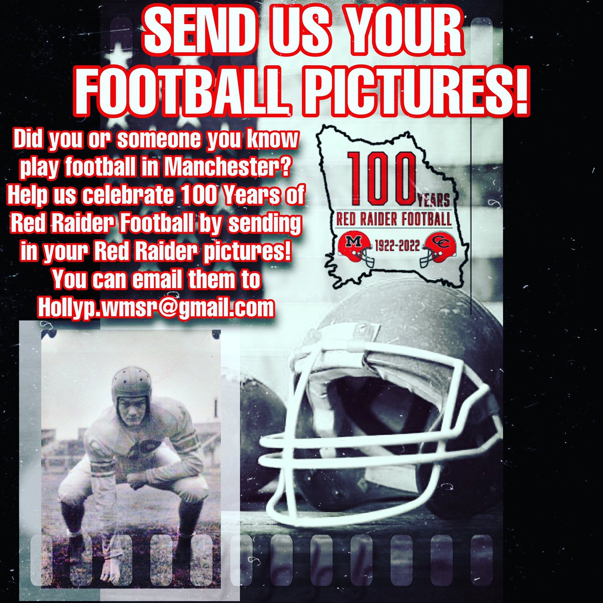 WMSRradio's tweet photo. Alright, @CCCRaidersFB Fans! This year marks 100 Years of Red Raider Football in Manchester! 🏈❤️🖤 

We need your help! Did you or someone you know play football in Manchester for the Raiders?

🏈Send us your pictures!!!! 📸 
Email them to Hollyp.wmsr@gmail.com https://t.co/qZRKJB3cmL
