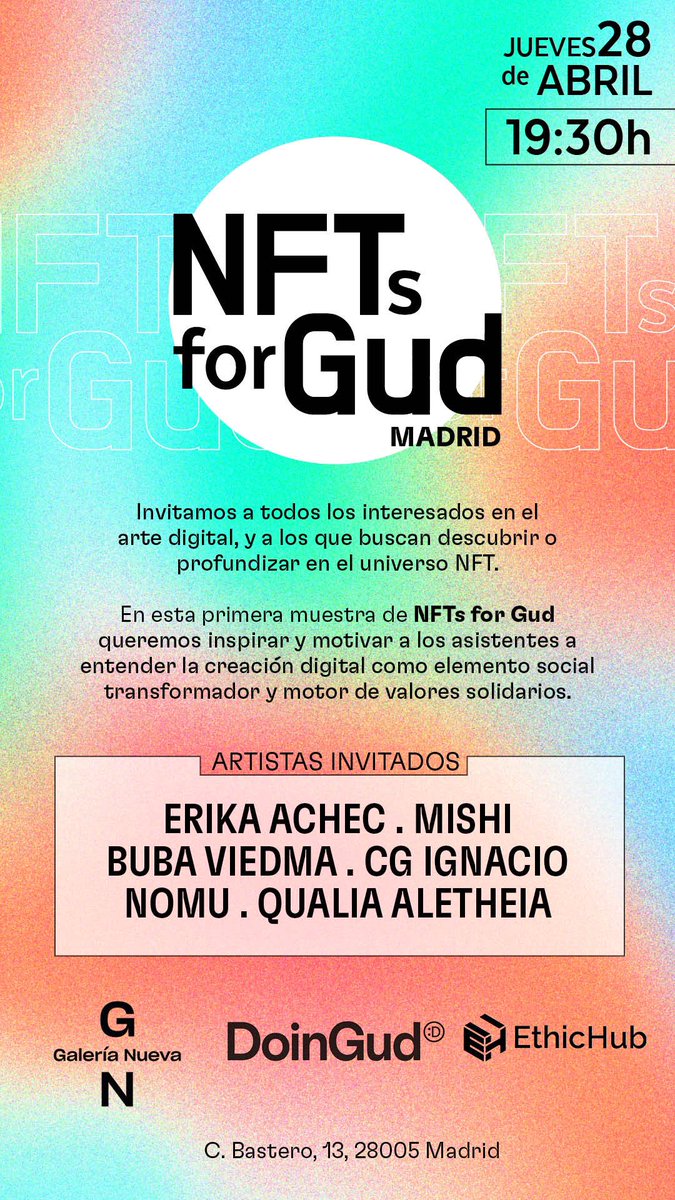¡Hola Beautiful people in #Madrid! 
Este jueves 28 con <a href="/DoinGudHQ/">DoinGud ( :D , :D )</a> y <a href="/EthicHub/">EthicHub(🌱, 🌱)| Blockchain | Specialty coffee☕</a> estaremos hosteando esta exhibición de arte digital y NFTs IRL.
¿Nos vemos allá? La entrada es libre. 
Artistas invitados: <a href="/erikaachec/">E r i k a</a> <a href="/mentecalamar/">Mentecalamar Studio</a> <a href="/nomulabs/">NomuLabs (🌿,🌿)</a> <a href="/CGIgnacio_/">CGIgnacio</a> 
🎟➡️eventbrite.com/e/nfts-for-gud…